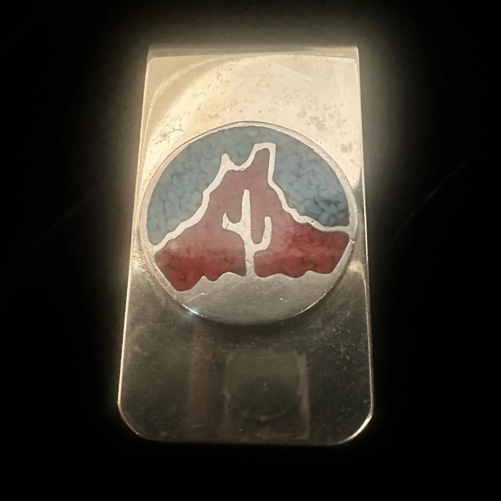 Southwestern Desert Inlay Money Clip Nickel Silver Cactus Mountain Design